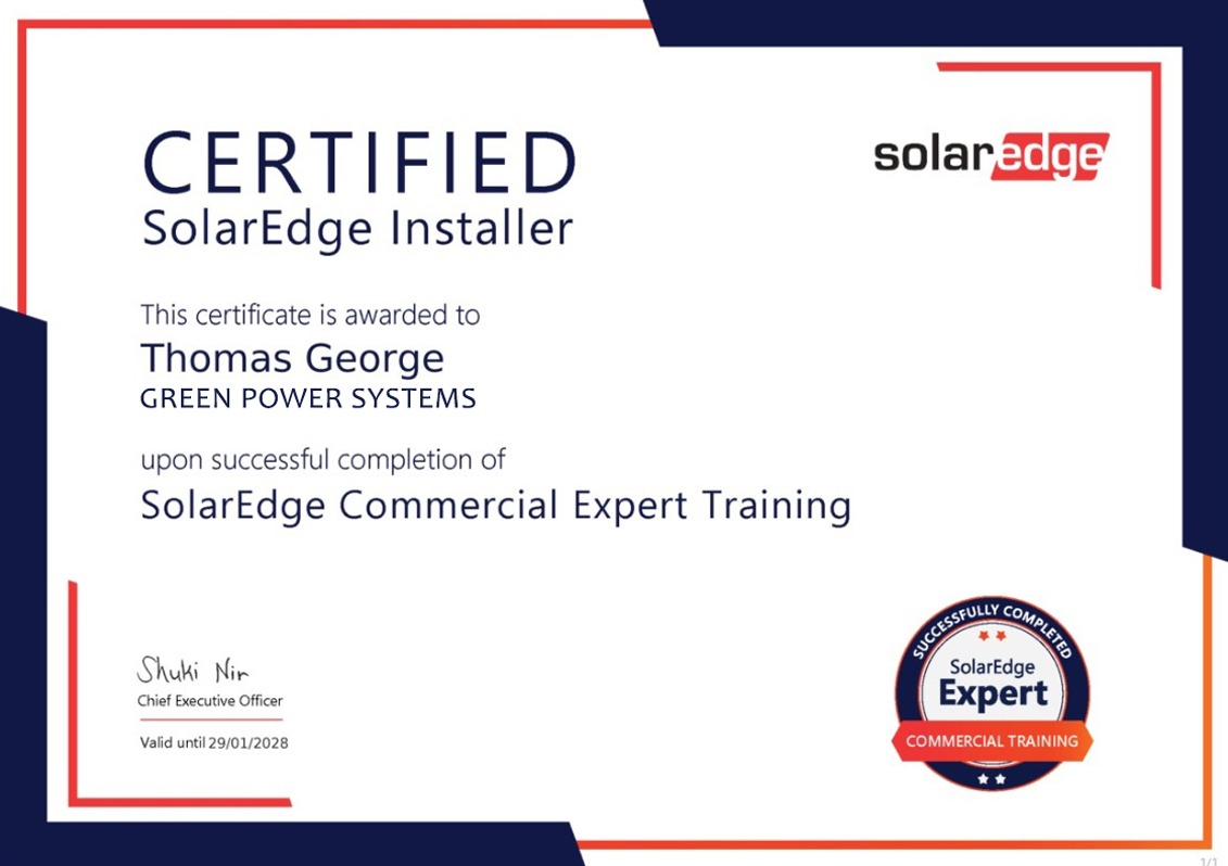 SolarEdge Commercial Expert Training certificate