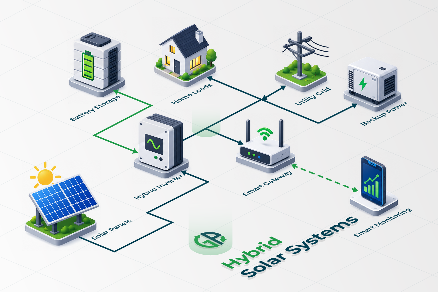 Hybrid solar energy flow: solar panels, hybrid inverter, battery storage, property and the electricity grid working together