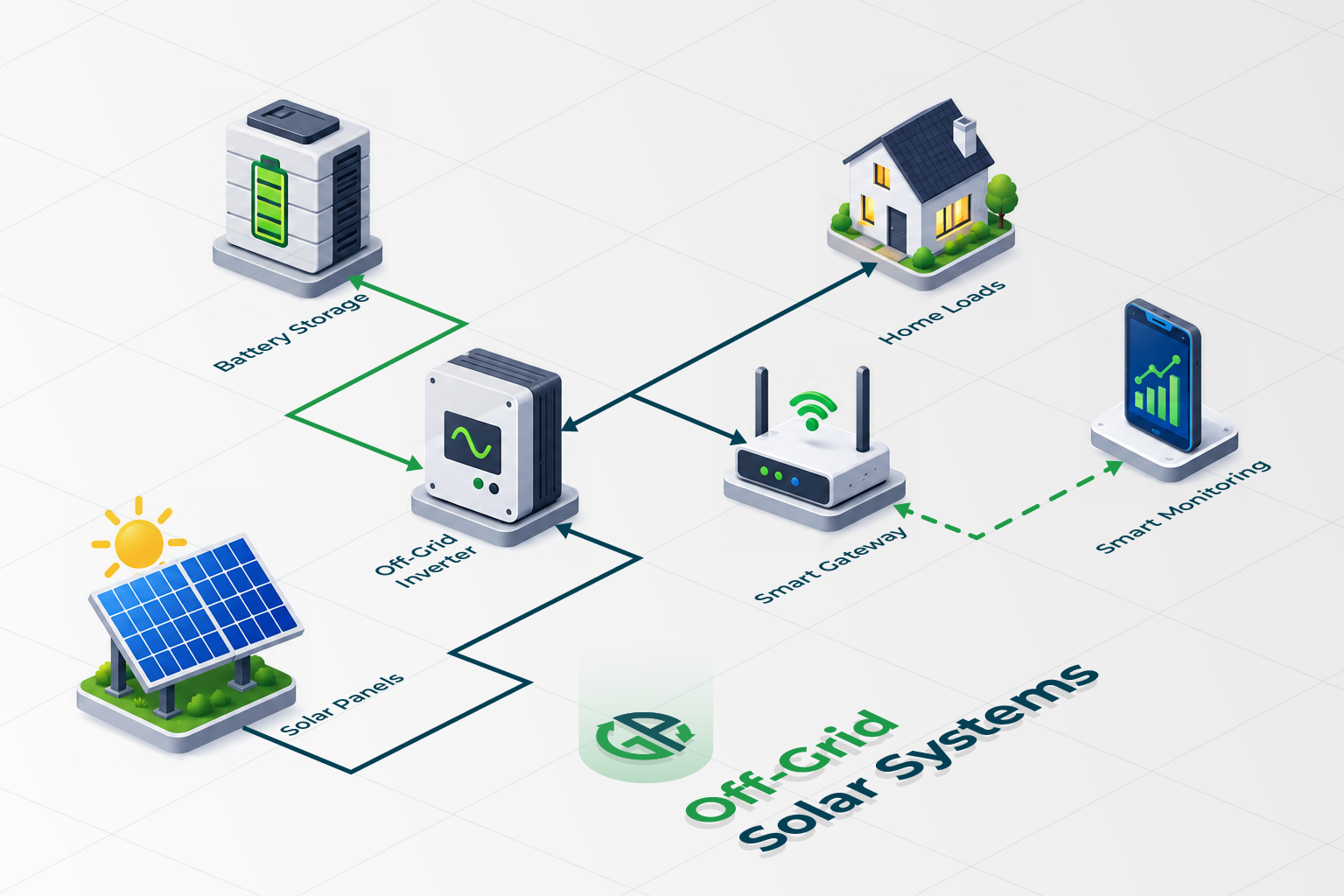 Off-grid solar energy flow: solar panels to inverter to battery storage and the property